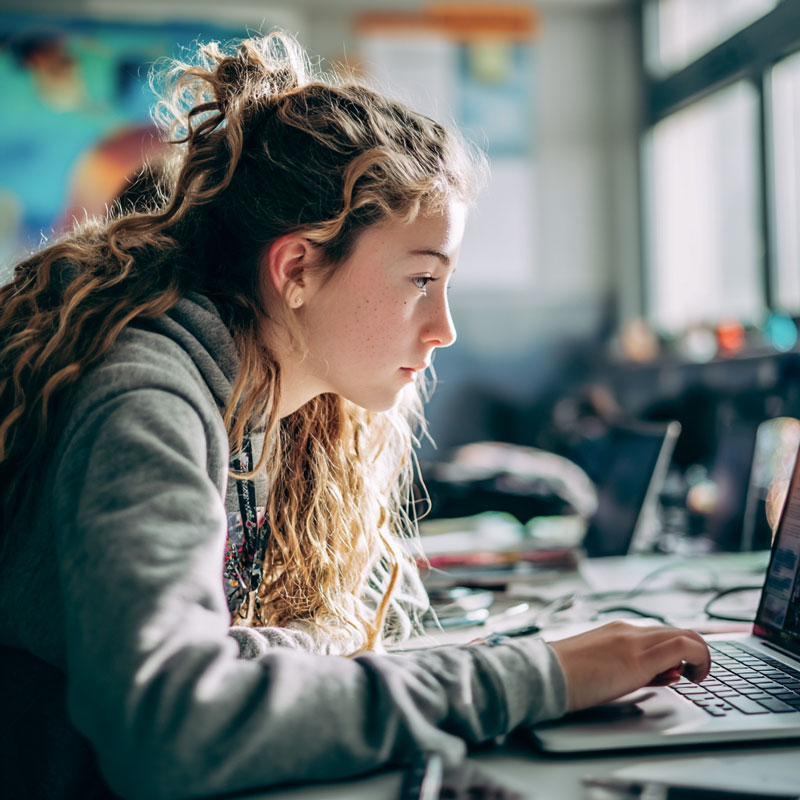 Eine Schülerin arbeitet am Computer
